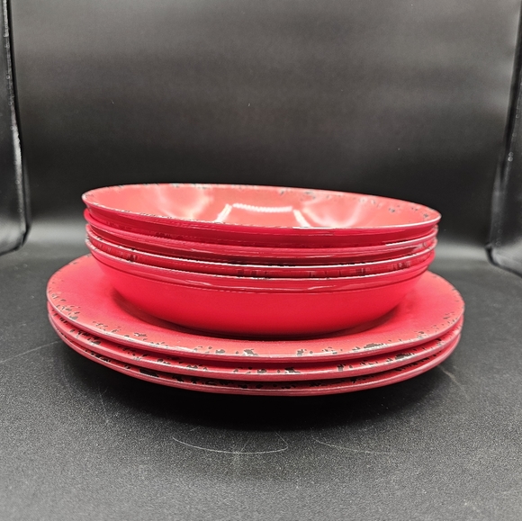 Tommy Bahama Dining Set Of 7 Red Crackle Melamine 3 Dinner Plates 4